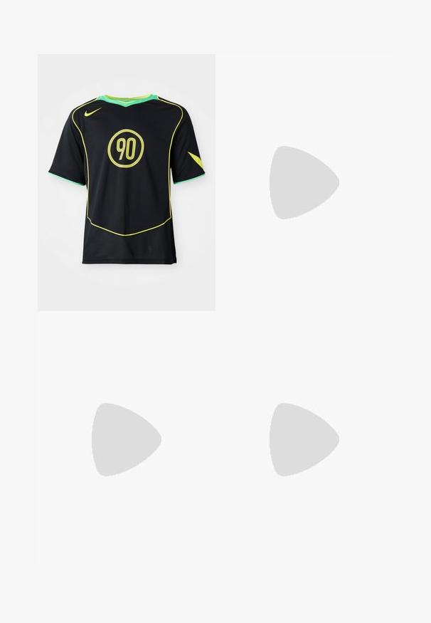 Čierny športový dres s krátkym rukávom a žltými akcentami s kruhovým logom "90". Obsahuje zelený golier a textúrovanú tkaninu.; Tmavomodré športové nohavice vyrobené z jemného materiálu, s elastickým pásom a malým logom na boku. Sťahovaný strih nohavíc.; Biela atletická obuv s čiernymi akcentmi, sieťovanými panelmi a modrými detailmi. Obsahuje textúrovanú podrážku a elegantne prepracované línie.; Čierne slnečné okuliare s matným povrchom, obdĺžnikové šošovky, mierna krivka na straničkách, nenápadný detail loga a šošovky so zafírovaným tónovaním.