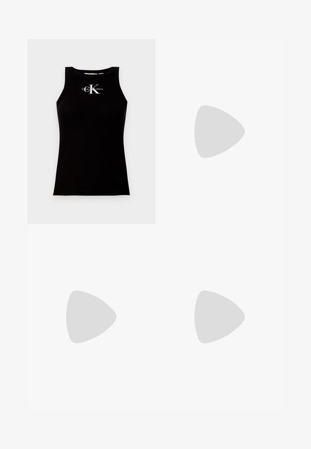 Débardeur noir à côtes avec un col rond et un logo "Calvin Klein Jeans" imprimé en blanc à l'avant.; Bruuns Bazaar CINDYSUS DAGNY PANTS - Pantalon classique - shitake; Baskets en cuir blanc avec une épaisse semelle blanche, un accent en daim noir au niveau du talon et un logo embossé sur le côté. Design à lacets avec six œillets.; Lunettes de soleil noires surdimensionnées avec une forme géométrique, dotées de verres foncés et d'un détail gris contrastant sur la monture. Logo sur la branche.; Boucles d'oreilles en argent avec une finition lisse et brillante. Forme arrondie, conception légère, avec un fermoir à tige.