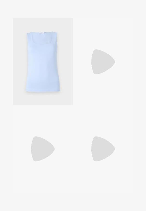 Light blue sleeveless top with a square neckline, made of smooth fabric, featuring a fitted design and a minimalistic silhouette.; Lace shorts in cream color featuring intricate floral patterns and an elastic waistband, showcasing a textured, open-knit design.; Beige leather slingback heels with a pointed toe, thin ankle strap, and 2-inch heel, featuring cut-out side details and a smooth texture.; Brown leather crossbody bag with a curved shape, gold hardware, and a buckle accent. Features a detachable shoulder strap.