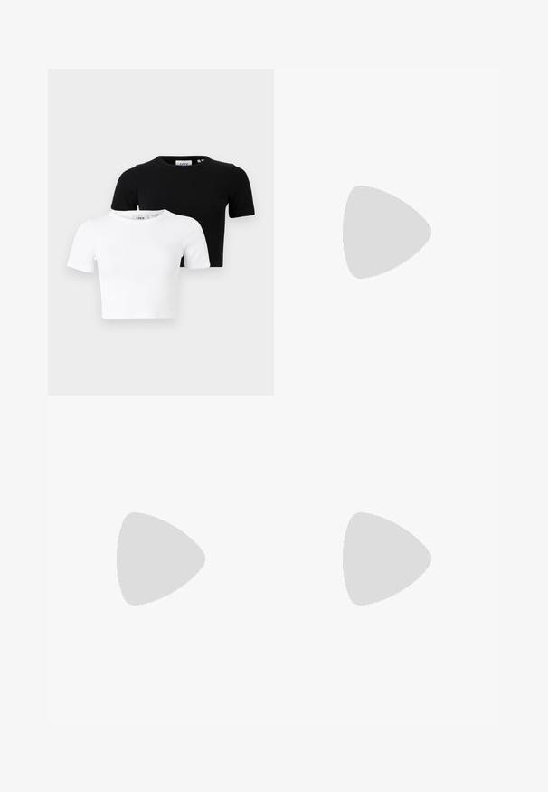 Ensemble de deux T-shirts courts à manches courtes, en noir et blanc, fabriqués en tissu côtelé, avec un col rond et une coupe ajustée.; Pantalons larges en simili cuir noir avec taille haute, poches avant et texture lisse. Portés avec des chaussures à bout pointu bleu clair.; Mule à bout pointu avec un dessus en imprimé léopard et un petit talon noir sur un fond clair.; Sac à main en cuir rouge avec un design angulaire et géométrique. Il dispose d'une seule sangle ajustable et d'une fermeture à rabat avec un detailing cousu.