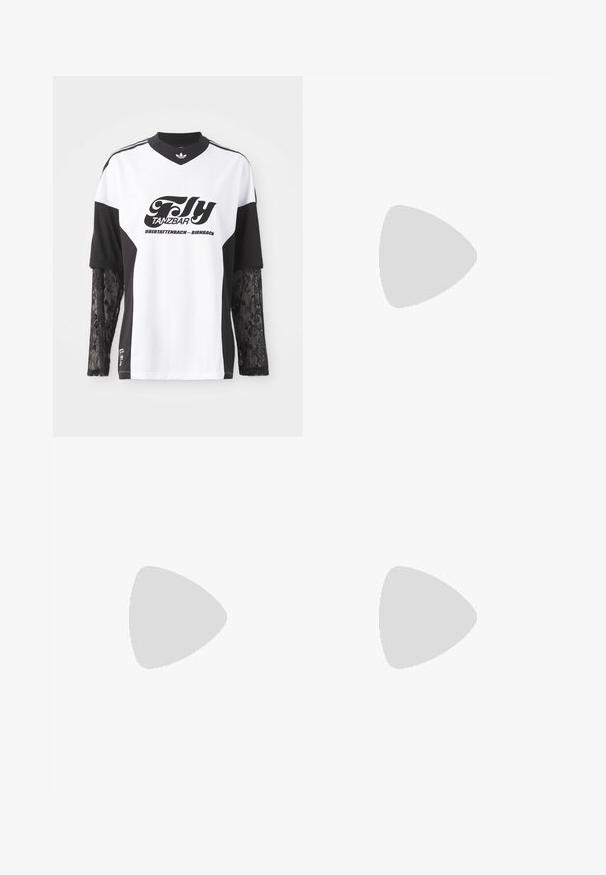 White and black sports shirt with long lace sleeves, featuring a black graphic print reading "Fly Tanzbar" and an Adidas logo.; Black wide-leg pants with vertical white stripes, elastic waistband, and three white stripes along the side. Adidas logo on the front.; Metallic silver sneakers with white laces and three white stripes, paired with black pinstriped pants. Gum sole accent at the bottom.; Sunglasses with a sleek, silver metal frame, gray tinted lenses, and an aerodynamic design featuring pointed edges and thin arms.; Black short-sleeve shirt worn by a person, paired with a small black drawstring bag featuring white logo. The setting is neutral and minimal.; Silver earrings featuring two teardrop shapes and two rounded shapes, all with a polished, reflective surface and smooth texture.