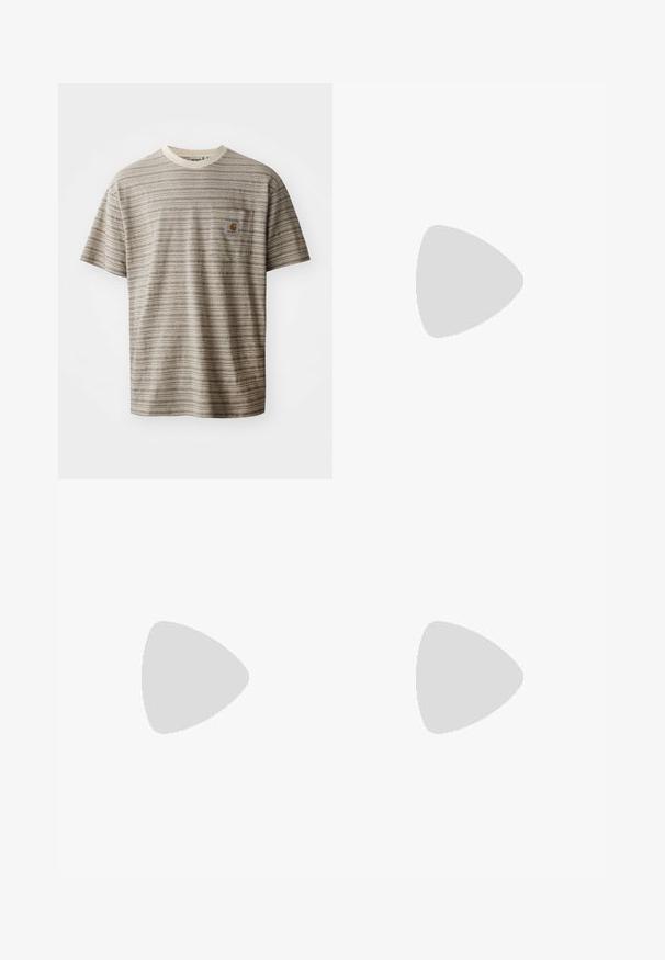 Kortermet stripete t-skjorte i beige og brun, med rund hals og brystlomme med logopatch. Teksturert stoff.; Carhartt WIP LANDON PANT - Jeans straight leg - grey/black; Brune og blå rutete vide bukser sammen med hvite sko med svarte detaljer og teksturerte såler, satt mot en grønn bakgrunn.; Brun kvart-zip fleece genser med brodert logo, med en svart rund crossbody bag med glidelås og logodetalj, båret over denim.