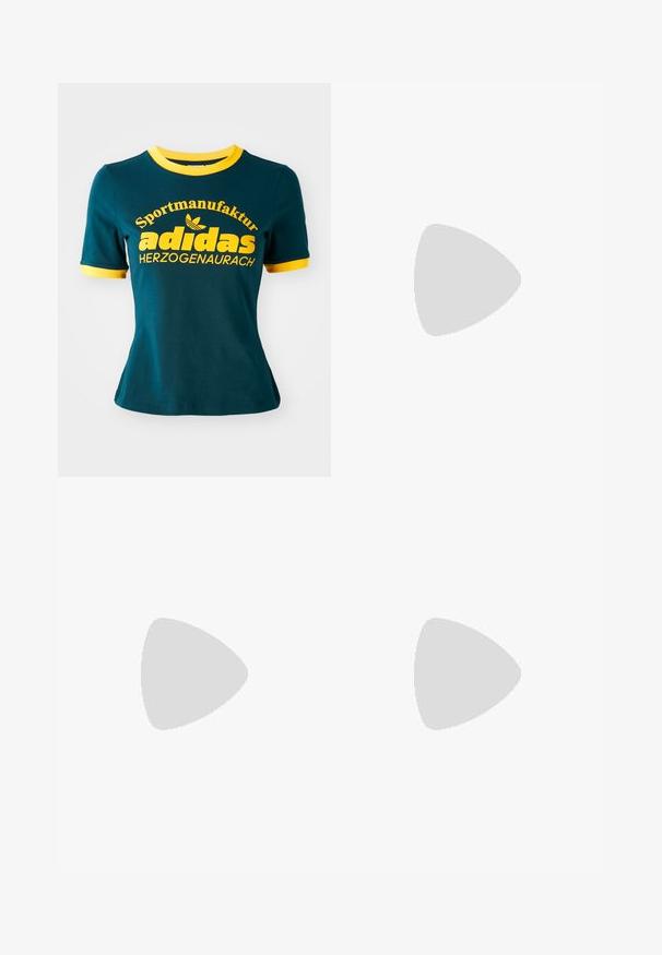 Camiseta de algodão verde-água com colarinho e punhos canelados amarelos. Apresenta um grande texto amarelo: "Sportmanufaktur adidas HERZOGENAURACH" e logotipo.; Calções azul marinho com riscas brancas, cintura elástica e logótipo Adidas. Possui pormenores azuis nas laterais, feitos em material de mistura de algodão.; Sapatilha de camurça rosa com riscas creme, atacadores redondos e uma lingueta texturizada. Apresenta uma sola de borracha de goma e um logótipo no calcanhar.; Óculos de sol aviador com lentes azuis em degradê, armação metálica prateada e detalhes decorativos de estrelas nas lentes. Design suave e elegante.