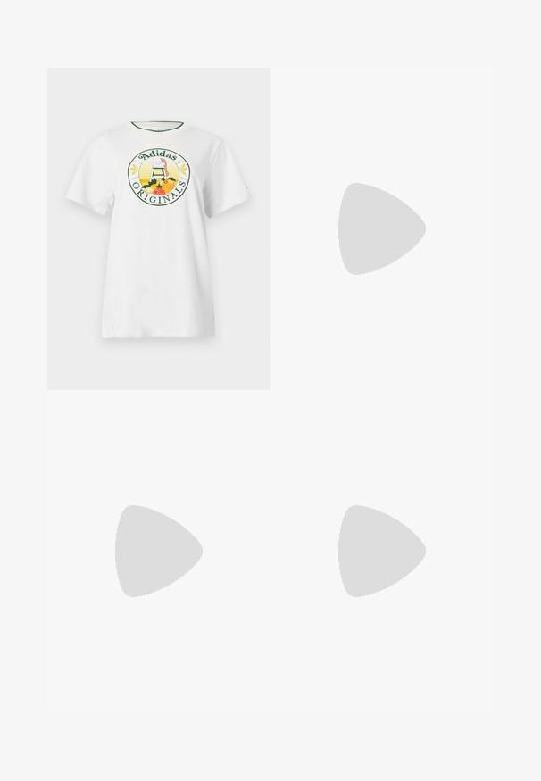 T-shirt en coton blanc à manches courtes, avec un logo graphique rond en vert et jaune, affichant "Adidas Originals" et des motifs de fruits.; Pantalons larges jaunes clairs avec une taille élastique, fabriqués dans un tissu lisse, avec un design fluide et sans motifs ni accents visibles.; Baskets en cuir noir avec des rayures blanches, embout en caoutchouc, lacets noirs et semelle extérieure crème. Texture lisse avec une finition brillante.; Sac bandoulière noir en matériau synthétique texturé. Présente un design de logo en relief et une bandoulière réglable. Fermeture zippée.
