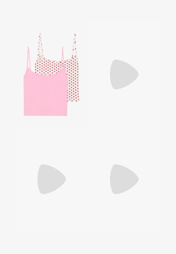 Two tank tops: one solid pink with ribbed texture, and one white with red heart print. Each has thin straps and a small decorative bow.; Cream tulle skirt with layered ruffles. Features a smooth waistband and a textured, sheer finish. Falls to mid-calf length.; Black patent leather slingback high-heel shoe with pointed toe and gold-tone square heel accent. Features adjustable ankle strap.; Black leather handbag with a curved shape, detachable strap, and gold hardware. The bag features a flap with a buckle detail.