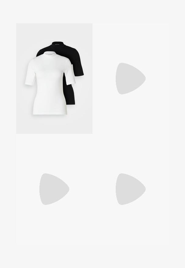 To korte ermesskjorter: en hvit og en svart. Begge laget av glatt, elastisk stoff med figursydde silhuetter og rund hals.; Svajende bukser i et zigzag-mønster med nuancer af brun, sort og creme; selvbånd, brede ben og et let materiale.; Hvite lær sneakers med perforert tåboks, kontrasterende beige gummisåle og logo detaljer på siden og hælen. Minimalistisk design.; Solbriller med oval form, klar plastramme, mørkegrå linser og tynne gjennomsiktige armer med logopunksjoner og minimal detaljering.