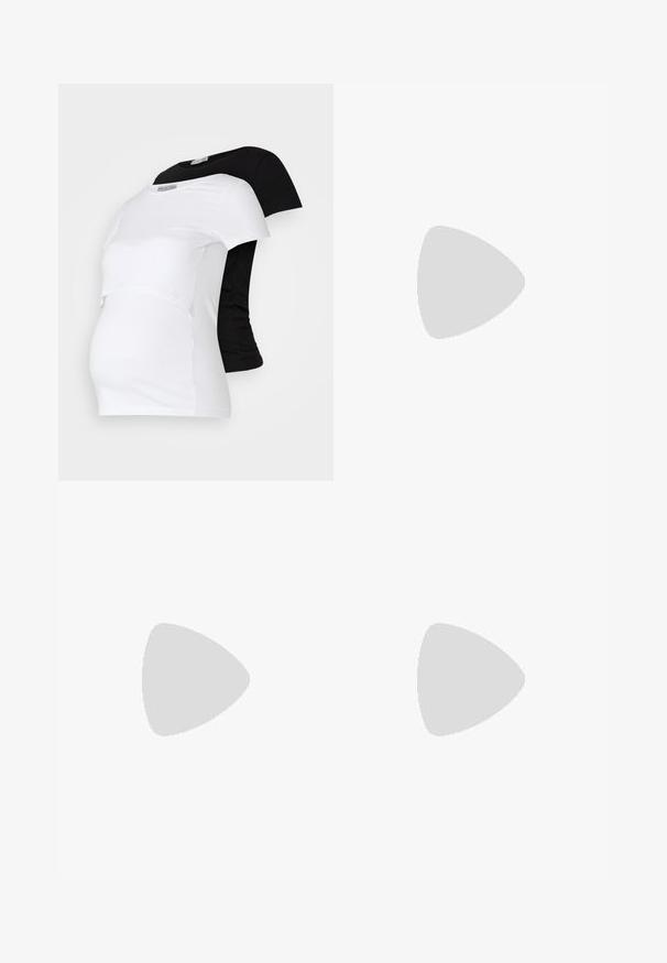 Black and white maternity t-shirts, short sleeves, soft cotton material, featuring a layered design with a gathered section for a growing belly.; Pregnancy jeans with a black stretchy waistband, gray denim body, slim-fit design, and pockets. Features a smooth texture and clean lines.; White and beige sneaker with a smooth leather upper, suede accents, rounded toe, and a textured rubber outsole. Brand name printed on the side.; Black fabric shoulder bag with gold-tone hardware, featuring a main zip compartment and two smaller zip pockets on the sides.