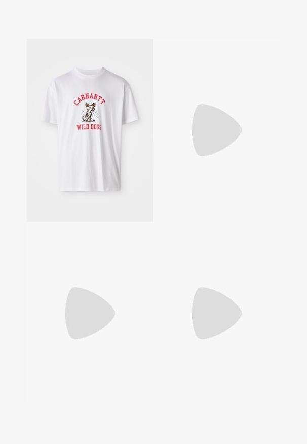 White cotton t-shirt featuring red embroidered text "CARHARTT WILD DOGS" and a cartoon dog graphic on the front. Short sleeves, round neckline.; Weekday TIME LOOSE - Straight leg jeans - mine blue; Black leather loafer with a tasseled accent, featuring a chunky black sole and yellow stitching along the edge. Textured finish.; Three-layered silver metal necklace featuring sleek, flexible chains with a slight sheen, secured with a lobster clasp and adjustable chain.