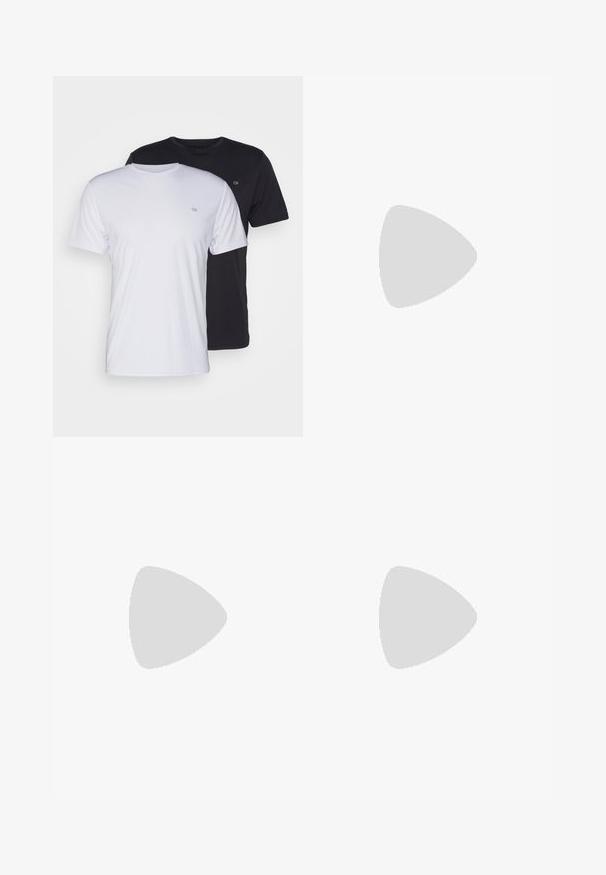 To bomulds t-shirts i hvid og sort, kortærmede med rund hals, med et lille logo på brystet, glat tekstur.; Oliven grønne bomulds chinos med lige ben-design, der har en frontknaplukning, sidelommer og rene kanter.; Sorte læder oxford-sko med snørebåndsdesign, rund tå, flad gummisål og subtil syning langs overdelen.; Sorte solbriller med rektangulære rammer, gråt tonede linser og en broudskæring design. Slankt, glat plastmateriale med smalle stænger.