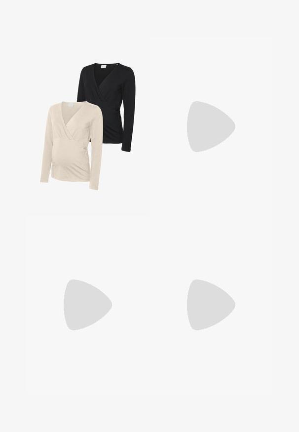 Kaks pika varrukaga rasedate toppi, kreemikas ja mustas toonis. Mõlemal on V-kaelus ja pehme kangas, mis tagab mugavuse ja venivuse.; Hallide, laiad hallid püksid, mis on valmistatud pehmest ja kergest kangast. Omavad elastset vööd ja ees olevaid volduseid, mis tagavad mugava istuvuse.; Mustad läikivad nahast slingback-kõrged kontsad, millel on terav nina, ümar lõikekujundus ja blokknina. Omab kuldset nupu aktsenti.; Pruun faux nahast õlaline kott, millel on kaarjas kuju, minimaalne õmblemine ja kuldse tooni metallist aksessuaar. Omab ülemist tõmblukku ja reguleeritavat rihma.