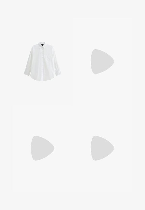 Chemise blanche à manches longues, en coton, avec un col classique, une poche poitrine unique et une coupe décontractée.; Jean large blanc en denim de coton. Dispose d'une fermeture à bouton et à glissière, de poches avant et de coutures discrètes le long des coutures.; Tong sandale en caoutchouc noir avec une bride en T texturée et une semelle plate simple, montrée de côté sur un fond clair.; Lunettes de soleil en écaille de tortue avec des montures ovales et des verres verts. Elles présentent des branches fines avec un accent métallique près des charnières.