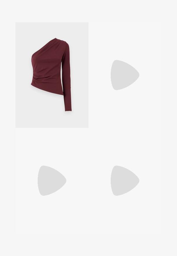 Gina Tricot ONE SHOULDER - Long sleeved top - burgundy; Black, wide-leg pants with white vertical pinstripes, featuring an elastic waistband for comfort and a smooth, soft texture.; Black leather slingback heeled shoe with a pointed toe and a chunky block heel. Features an adjustable strap with a metal buckle.; Black leather tote bag with two long handles, a smooth texture, and a structured shape. Features a front pocket for additional storage.