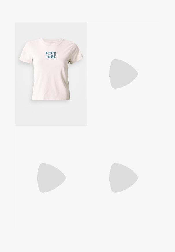 Short-sleeve white cotton t-shirt featuring blue embroidered "NIKE" logo at center. Crew neck with a regular fit. Soft texture.; Light beige pants with an elastic waistband, featuring pink side panels and side pockets. Smooth texture with a straight-leg design.; Beige patent leather high heel shoe with a pointed toe, sleek silhouette, and a stiletto heel. Smooth texture with minimal detailing.; Aviator sunglasses featuring a gradient blue lens, silver metal frame, and decorative star accents on the lens. Smooth and sleek design.