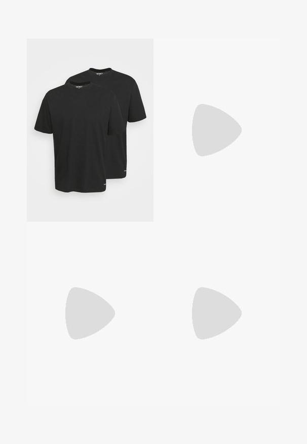 Two black cotton t-shirts with short sleeves, round necks, and a subtle logo on the lower hem. Simple design and smooth texture.; Cotton corduroy shorts in light teal, featuring an elastic waistband, two side pockets, and a knee-length cut. Textured vertical stripes.; Black low-top sneakers with white laces and stitching, paired with loose beige cargo pants, standing on blue carpet.; Brown quarter-zip fleece sweatshirt with embroidered logo, featuring a black round crossbody bag with a zipper and logo detail, worn over denim.