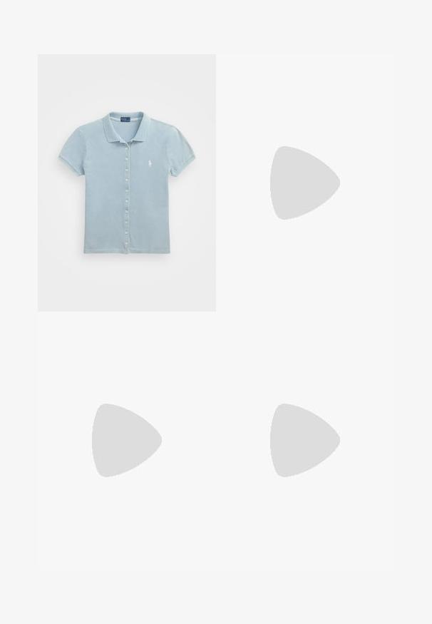 Light blue polo shirt made of textured fabric with short sleeves, button front, and a small embroidered logo on the left chest.; Light blue denim wide-leg pants with two large front pockets, a button closure, and subtle fading. Stitched accents on pockets detail.; Cowhide-patterned shoes featuring a cream base with dark brown splotches, constructed with a rubber sole and lace-up detailing.; Crossbody bag with a cream fabric featuring a repeated MK logo pattern, brown leather accents, and a gold chain strap with a detachable brown strap.