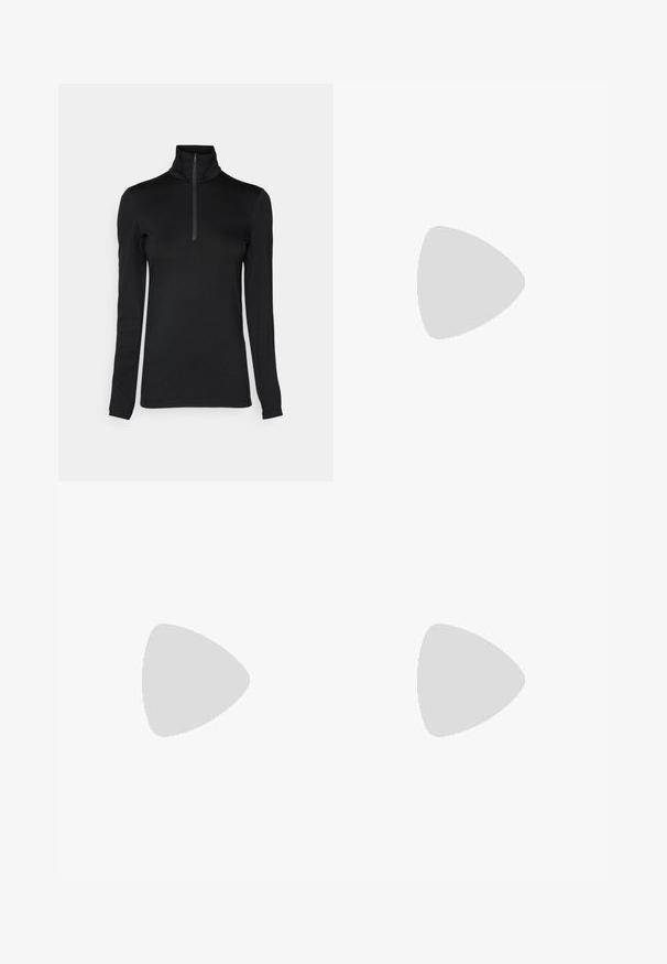 Musta pitkähihaisuus paita, jossa on korkea kaulus ja puolivetoketju. Silkkinen pinta, slim fit -malli ja virtaviivainen siluetti.; Mustat ulkoiluhousut, joissa on kevyt kangas, säädettävä vyötärö, jossa on vyö, ja kaksi etutaskua. Suunniteltu mukavuutta ja käytännöllisyyttä varten.; Musta vaelluskengät teal- ja keltakuvioilla. Varustettu tekstuuripinnalla, pehmustetulla pohjalla ja kestävästä kumipohjasta, joka tarjoaa pitoa.; Kestävä oliivinvihreä nylon-kassia, jossa on teksturoitu pinta, vetoketjullinen yläosa, erottuvat keltaiset yksityiskohdat ja palmikoidut käs handle.