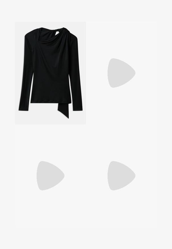 Long-sleeve black top made of smooth fabric, featuring a draped neckline, asymmetrical hem, and a cutout detail at the back.; Brown wide-leg cargo pants made of textured fabric, featuring two side pockets with flaps and a straight cut from waist to hem.; Black leather slingback heels with a pointed toe, thin ankle strap, and stiletto heel. Features a knotted detail on the vamp.; Black leather tote bag with a geometric design, featuring two handles and gold branding on the front. Smooth texture and structured shape.