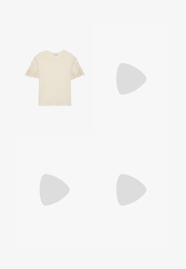 Kremna majica s kratkimi rokavi, okrašena z zapletenimi bež kvačkanimi čipkastimi detajli. Mehka bombažna tkanina, okrogla izrezana vrhnja vrstica, sproščen kroj.; Roza lanena obleka z valovitim robom, ki ima kontrastno temnejšo roza kravato v pasu in gladko teksturo.; Bež čevlji na peto iz patentiranega usnja, s koničastim nosom in ozko kvadratno peto. Gladka tekstura in minimalističen dizajn brez okrasja.; Želve sončne očala z ovalnimi lečami, rjave tonirane, tanke ročice z teksturiranim vzorcem, lahka plastična okvir.; Bela strukturirana torba z kratkimi ročaji in naramnim trakom, z zlatimi okrasnimi elementi in teksturiranim materialom, prikazana na sivi podlagi.