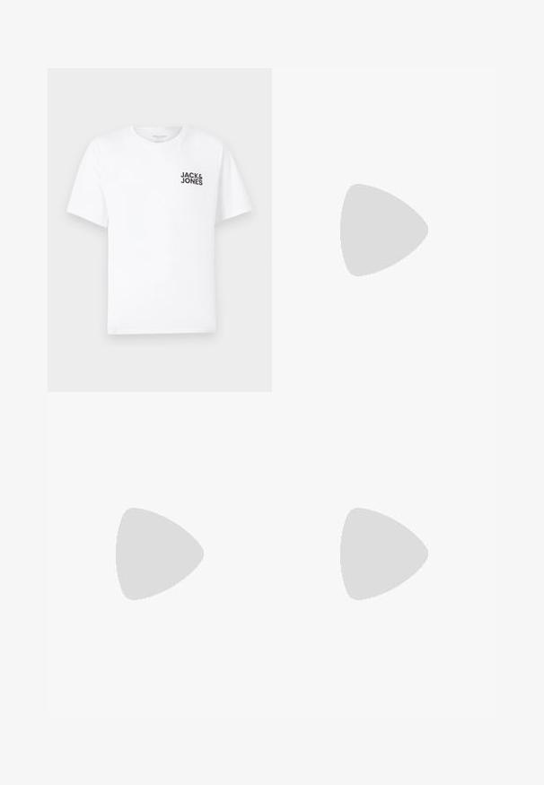 Hvid bomulds t-shirt, korte ærmer, rund hals. Har et sort tekstlogo "JACK & JONES" på venstre brystområde. Enkelt, ensartet design.; Sorte bukser lavet af et glat stof med lige ben, bæltestropper og to sidelommer. Klassisk look uden udsmykninger.; Sorte lavtop sneakers lavet af glat syntetisk materiale. Rund tå, snørelukning og flad gummisål med teksturerede accenter.; Sorte solbriller med rektangulær form, mørke linser, sølvdetaljer ved tindingerne og en mat finish på stellet.