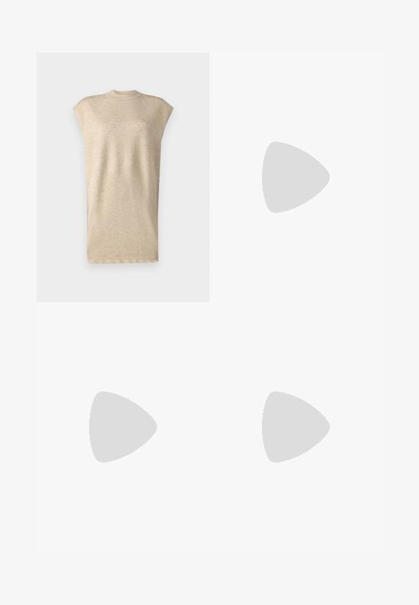 Béžová bezrukávová blúzka s vysokým golierom, vyrobená z mäkkej, textúrovanej látky. Má voľný strih a hladký povrch.; Béžové cargo nohavice s elastickým pásom, dvoma bočnými vreckami a zapínacími cargo vreckami, s rovnými nohavicami a hladkou textúrou látky.; Čierne kožené sandále na opätku s ostrou špičkou, nízkym opätkom a nastaviteľným remienkom so sponou. Hladká textúra s minimálnymi detailmi.; Čierna kožená taška s pevnou konštrukciou, horným uchom, odnímateľným popruhom a zlatistou kovovou aplikáciou na magnetickom uzávere.