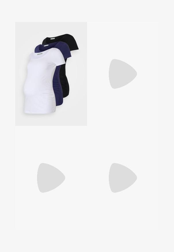 T-shirts de maternité disponibles en trois couleurs : blanc, marine et noir. Tissu en coton doux, design à manches courtes avec des côtés froncés pour le confort et un bon ajustement.; Leggings noirs avec une taille haute, fabriqués en tissu extensible. Présentent des rayures horizontales au niveau des mollets pour un détail de design supplémentaire.; Baskets blanches et beiges avec un empeigne en cuir lisse, des accents en daim, un bout arrondi et une semelle en caoutchouc texturé. Nom de la marque imprimé sur le côté.; Sac à épaule en tissu noir avec quincaillerie dorée, comprenant un compartiment principal zippé et deux petites poches zippées sur les côtés.