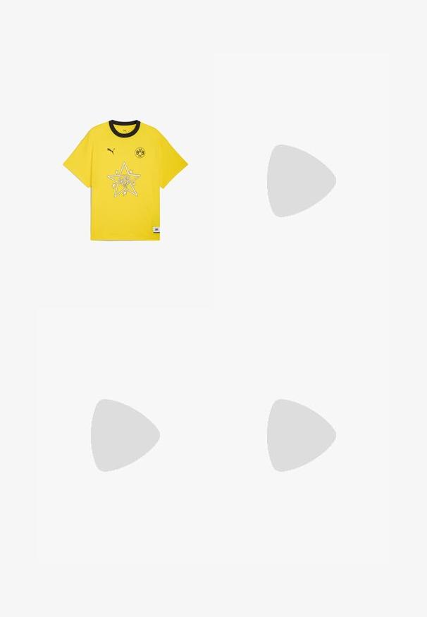 Kollane puuvillane T-särk musta kraega, millel on täht graafika ja 'BVB 09' logo. Lühikesed varrukad, lõdvestatud lõige, tekstuuriga kangas.; Dickies CARPENTER PANT - Püksid - dark brown; Puma tossud valgest ja mustast südamikust, millel on pruun kummi tall. Kombineeritud valgete sokkidega, millel on must logo, kantud tumedate pükstega.; Kuldne kett kaelakee suurte omavahel ühendatud linkidega, mille keskel on ringikujuline ripats, millel on kõrgendatud emblem.