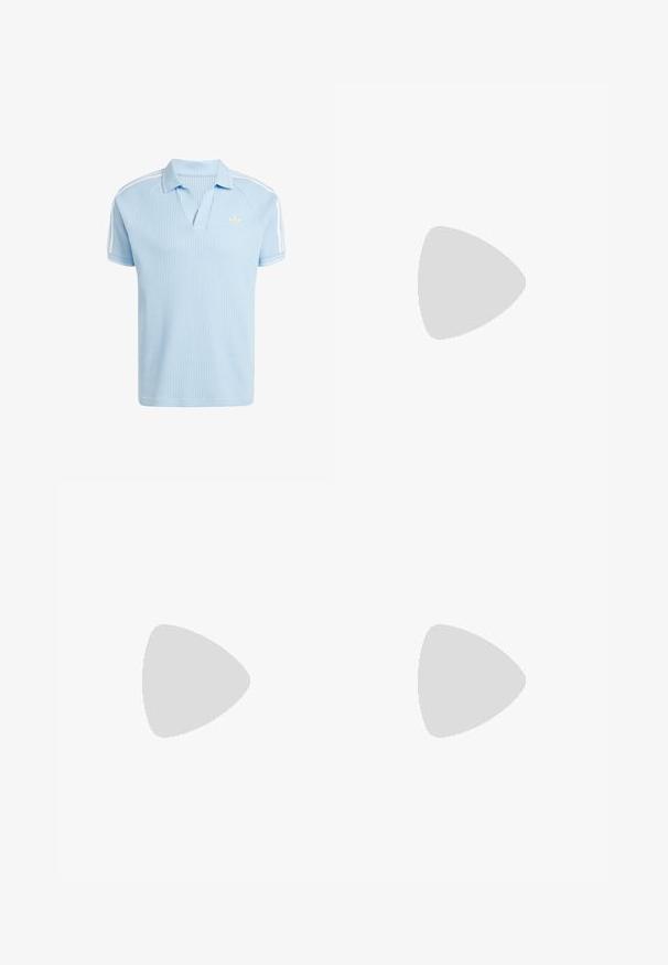 Light blue polo shirt with a textured knitted pattern, a pointed collar, and white three-stripe accents on the sleeves. Small logo on the chest.; Dark gray cotton shorts with an elastic waistband and drawstring, featuring side pockets and a small logo on the lower left leg.; Black leather clogs with a rounded toe, a strap and buckle detail, and a cork footbed, featuring a textured rubber sole.; Black sunglasses with rounded frames, dark lenses, and subtle metallic accents on the frame. Smooth plastic material, minimalistic design.