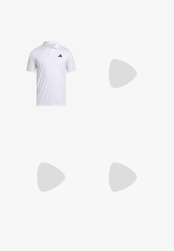 Camisola polo branca feita de tecido respirável com colarinho, com mangas curtas e um logo preto da Adidas no lado esquerdo do peito.; Calções atléticos pretos com um cós elástico e riscas diagonais brancas nas laterais externas de cada perna.; Sapatilha cinza clara feita de camurça e malha, com três riscas brancas, bico redondo e sola de borracha de goma. Detalhe do logótipo dourado junto aos atacadores.; Óculos de sol retangulares pretos com lentes verdes, apresentando um acabamento mate, hastes retas e o logotipo da Ray-Ban de lado.