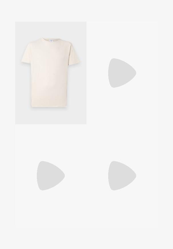 Short-sleeve beige T-shirt made of soft cotton, featuring a round neckline and a relaxed fit. Subtle texture with minimal detailing.; Dark blue denim jeans with a faded wash, five-pocket design, zip fly, and contrasting stitching. Features slight distressing on the knees.; White sneaker featuring a smooth leather upper, beige laces, and a textured beige suede heel tab. Elevated sole for added height.; Black leather tote bag featuring dual top handles, embossed logo detail on the front, rectangular shape, and smooth texture.