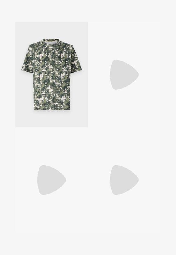 Īsu piedurkņu T-krekls mīkstā audumā ar palmu koku apdruku. Dominējošās krāsas ir zaļa un bēša, ar brīvu piegriezumu un apaļu apkakli.; Gai zils džinsu audums ar brīvu piegriezumu, kurā ir nodilušas vietas un sagriezti ielāpi pie ceļgaliem. Klasisks piecu kabatu dizains.; Melnas ādas kurpes ar mežģēm, gluda apdare, izturīga gumijas zole un noapaļota purngala forma. Iekļautas acs caurumi mežģēm un smalka zīmola identifikācija.; Melna ādas crossbody soma ar rāvējslēdzēja aizdari, teksturētu virsmu un sudraba aksesuāriem. Priekšpusē ir "Armani Exchange" logotips.