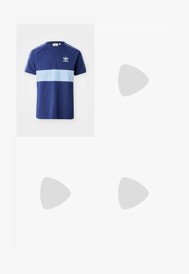 Navy blue T-shirt with a light blue horizontal stripe, short sleeves, round neck, Adidas logo on the chest, and contrasting shoulder stripes.; Light blue denim shorts featuring a textured pattern, two front pockets, and a side pocket with a red label detail.; adidas Originals GAZELLE - Indoor football boots - real madrid/bluebird/footwear white/crew yellow; Black crossbody bag with a zippered main compartment, front pocket, adjustable strap, and a visible logo patch on the flap.