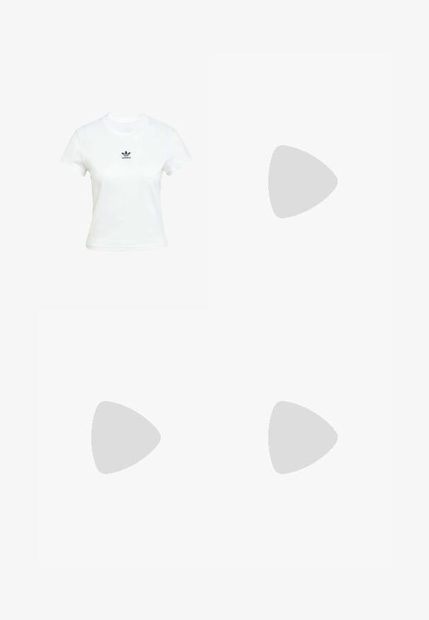 Bela bombažna majica s kratkimi rokavi in okroglo ovratnikom. Na prsih je natisnjen črn logotip Adidas. Enostaven, minimalističen dizajn.; Široke jeans hlače iz temno modrega denima, z visokim pasom, sprednjimi žepi in zadrgo z kovinsko gumbom. Gladka tekstura in klasičen dizajn.; Črne usnjene platformske sandale s odprtim prstom, paščkom okoli gležnja in debelim kvadratnim peto. Gladka tekstura in minimalističen stil.; Kovinska srebrna torbica v obliki srca z gladko teksturo, zapiralom na klip, in srebrnim verižnim trakom.
