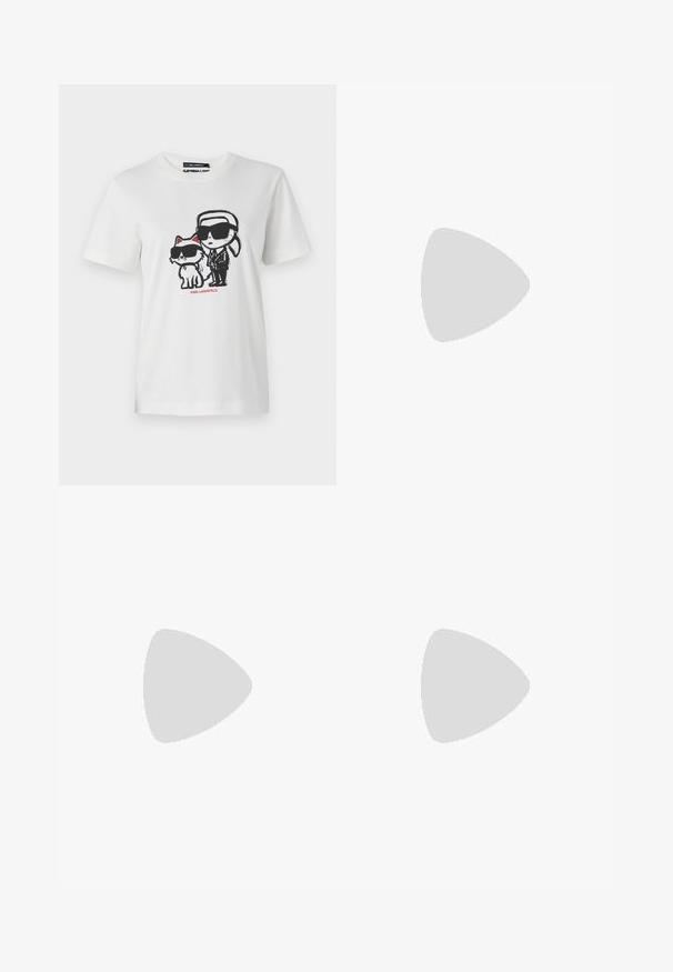 Balta medvilninė marškinėliai su grafika, kurioje pavaizduotas veikėjas ir katė, abu dėvintys akinius nuo saulės. Dizainas apima juodus kontūrus ir raudonus akcentus.; Šviesiai mėlyna džinsinė sijonas su klostėmis, metaliniu mygtuko užsegimu ir siuvinėjimu ant apatinės dalies. Lygi tekstūra ir A formos siluetas.; Juoda oda laivų avalynė su apvaliu pirštu, raištelių priekiniu užsegimu, metalinėmis skylutėmis ir plokščiu padu. Yra nedidelis užvalkalas gale.; Juoda ir balta dryžuota rankinė su struktūrizuota forma, turinti viršutinę rankeną, nuimamą grandinėlės dirželį ir metalinį logotipo akcentą.