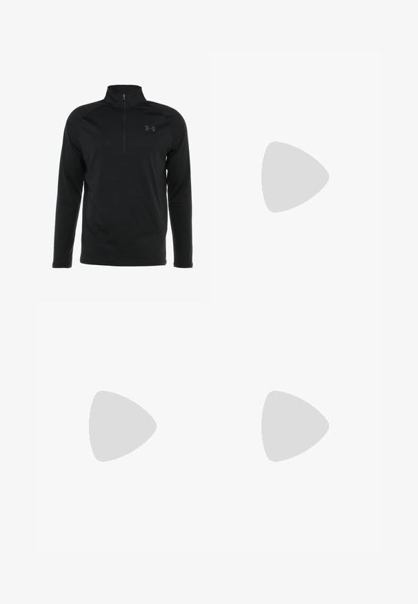 Tricou pulover negru cu mânecă lungă și guler cu fermoar pe jumătate, realizat dintr-un material neted și elastic, având un logo subtil pe piept.; Colanți sport negri, cu un design ajustat, fabricați din material elastic; prezintă dungi reflective pe lateral pentru vizibilitate.; Vastă de sport albă cu dungi diagonale negre, material din plasă ușoară, accente verzi și tab de călcâi roșu; prezintă un design elegant, alungit.; Ochelari de soare negri cu o finisare mată, lentile dreptunghiulare, curbură ușoară pe bănci, detaliu subtil cu logo și lentile cu tentă fumurie.