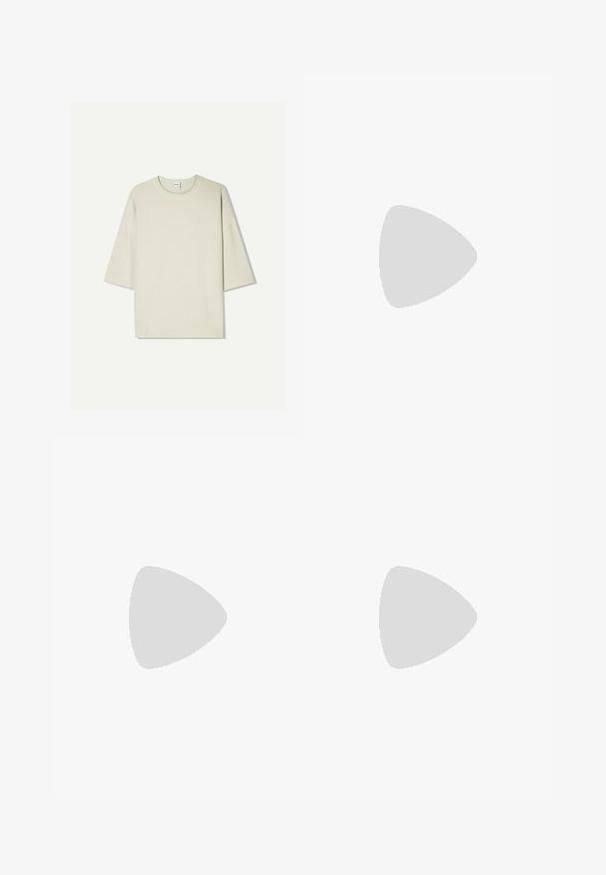 Light beige oversized short-sleeve T-shirt made of cotton blend fabric; rounded neckline with stitching detail, relaxed fit, and no patterns.; Light gray jogger pants made of lightweight fabric. Elastic waistband and cuffed hems with zipper accents at the ankles. Smooth texture.; Black Nike Air Force 1 sneakers with a smooth leather upper, white logo accent, perforated toe, and textured rubber sole.; Black nylon crossbody bag with adjustable strap, zippered compartments, and a white Nike logo on the front. Smooth texture, rectangular shape.