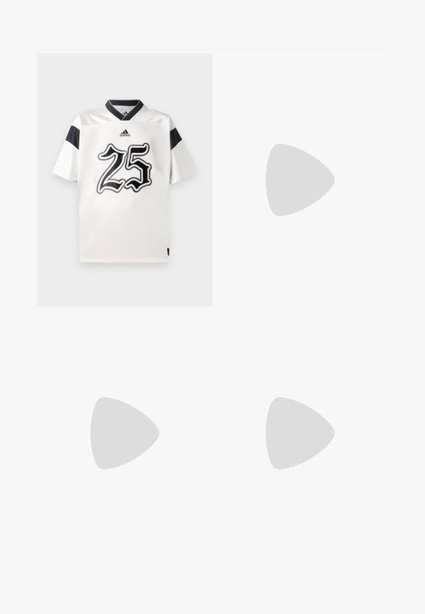 White sports jersey with black accents, featuring the number "25" in a bold graphic design. Made of lightweight fabric, round neck.; Black and white cargo pants with a wavy pattern, wide leg design, elastic waistband, and side pockets. Textured fabric with noticeable stitching.; Black and white sneakers with a suede and leather upper, featuring three white stripes, a perforated toe, and a gum rubber sole.; White mesh shoulder bag with a soft, hobo shape. Features two straps and printed text on the front in a contrasting color.