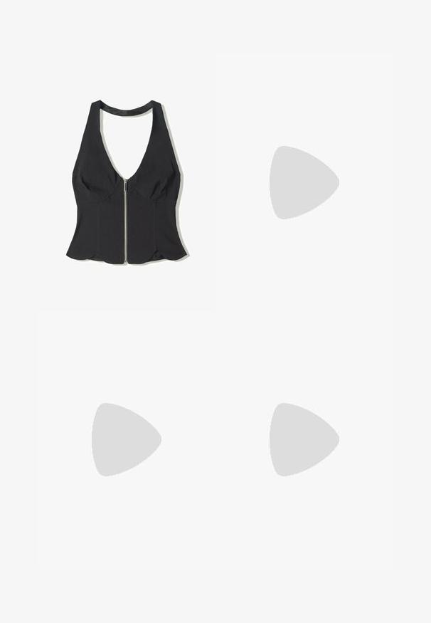 Black halter top made of fabric with a deep V-neck, featuring a front zipper and scalloped hem at the bottom. No patterns or accents.; Black sequined mini skirt with a fitted shape, smooth texture, and shiny surface, reflecting light to create visual interest.; Knee-high black glossy heeled boots with a rounded toe, smooth texture, side cutout detail, and a chunky stacked heel.; Shiny dark red leather shoulder bag with a front zipper pocket and two small zipped side compartments.