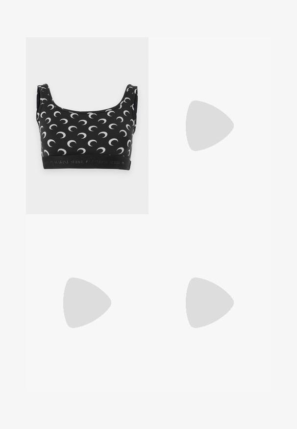 Black bra with white crescent moon pattern, scoop neckline, and elastic band featuring logo. Smooth, stretchy material designed for comfort.; Black and beige crochet swim shorts with a drawstring waist, featuring a textured pattern in alternating colors and a mid-thigh length.; Black leather ballet flat with a rounded toe, smooth texture, minimal stitching detail, and a flexible sole design.; Black handbag made of textured leather with a rounded shape. Features a thin shoulder strap and decorative embossed patterns.