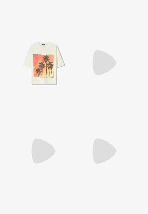 Weißes T-Shirt mit kurzen Ärmeln, das einen grafischen Druck schwarzer Palmen vor einem verlaufenden orange-rosa Hintergrund mit Text zeigt.; Bershka A-Linien-Rock - white; Beiger Schlupfschuh mit rundem Zeh, der eine strukturierte Oberfläche mit kleinen Strasssteinen verziert und einen Rückriemen zur Unterstützung hat.; Schwarze Sonnenbrille mit ovalen Gläsern, glänzendem Kunststoffrahmen und schlanken Bügeln. Mit Ray-Ban-Logo in Weiß an der Seite.; Rosa Wildledertasche mit runder Form, verziert mit Fransen am unteren Ende, mit goldfarbener Hardware und einem geflochtenen Schulterriemen.