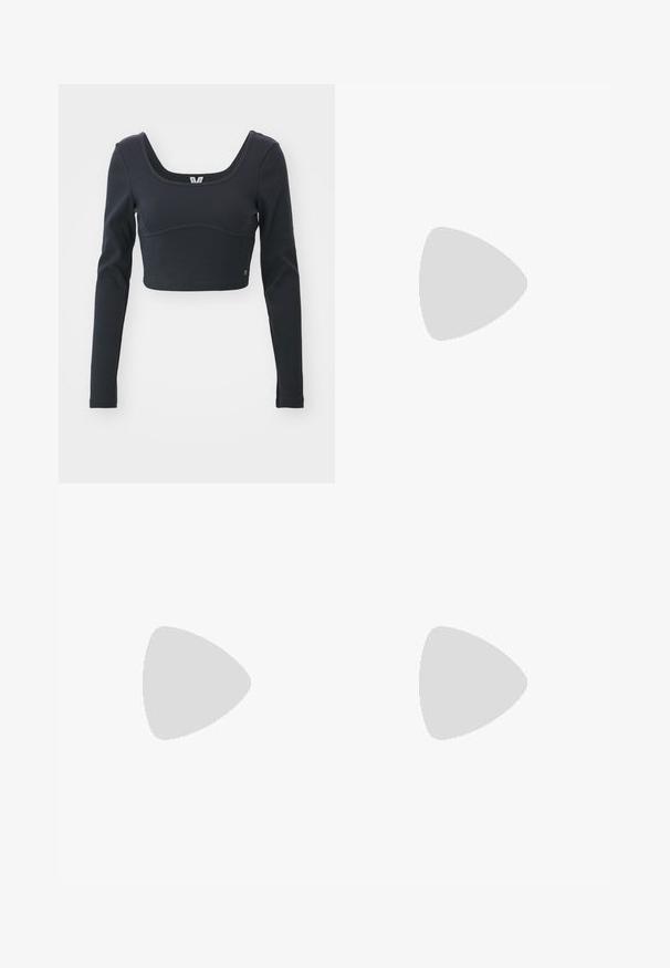 Black long-sleeve cropped top in ribbed texture, featuring a wide scoop neckline and fitted silhouette, with a subtle brand logo accent.; Black corduroy wide-leg trousers with a high waist, front pockets, and a button closure. The fabric features a soft, textured surface.; Beige and cream athletic shoe with textured mesh upper, supportive overlays, and rubber outsole featuring a tread pattern for traction.; Gray tote bag with reinforced handles, front zippered pocket, and a white Nike swoosh logo. Made of durable fabric with a smooth texture.
