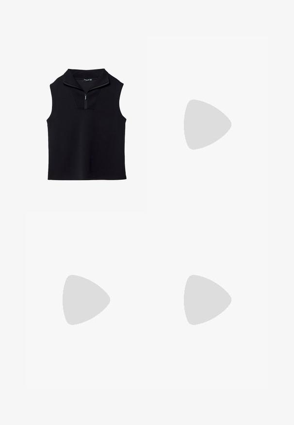 Top senza maniche nero con colletto alto e cerniera metà davanti, realizzato in un materiale liscio ed elasticizzato. Presenta un design strutturato e minimalista.; Jeans neri a vita alta con gamba larga e orlo sfilacciato, cinque tasche e chiusura a bottone metallico. Realizzati in tessuto di denim con una leggera texture.; Scarpa da corsa nera con accenti grigi e materiale Gore-Tex. Presenta un profilo basso, una suola testurizzata e un sistema di allacciatura rapida per una vestibilità sicura.; Borsa tote in tessuto nero con un design unico a forma di V e una texture liscia. Presenta un manico corto con dettagli hardware minimalisti.