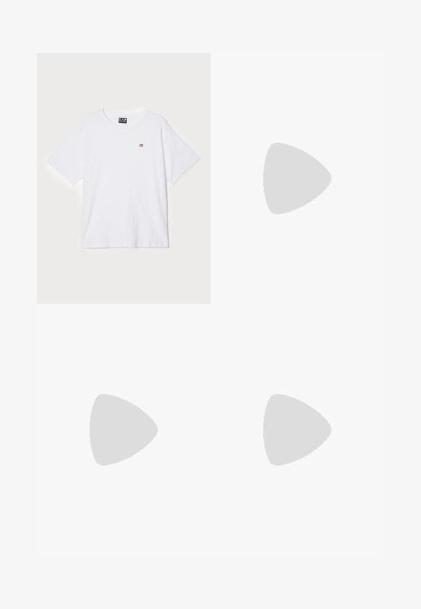 White short-sleeve t-shirt made of soft cotton, featuring a small gold logo on the left chest area. Crew neck design.; Light blue wide-leg jeans made of denim, featuring five pockets, a front button closure, and slight fading patterns on the fabric.; White leather sneakers with a smooth texture, round toe, minimal eyelets, and a flat rubber sole. Simple design with no additional accents.; Beige leather crossbody bag with a smooth texture, curved shape, adjustable strap, and gold-tone hardware accents. Zippered top closure.