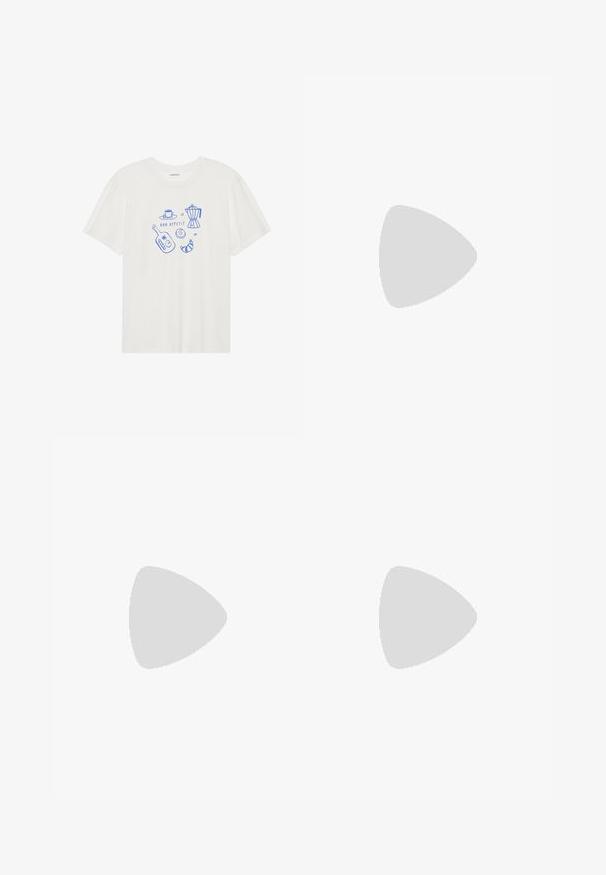 Even&Odd Apdrukāts T-krekls - egret; Gaiši zili džinsi ar taisnu piegriezumu, izbalējusi mazgāšana, piecu kabatu dizains, logo plāksne jostasvietā un tonālas šuvju detaļas.; Masīvi balti sportisti, kas izgatavoti no strukturēta sieta un sintētiskajiem materiāliem, ar biezu zoli un sarežģītām rakstu detaļām gar sāniem.; Bežs rokassoma, izgatavota no mīksta materiāla, ar brīvu dizainu, izšūtu apdari un divām plecu siksnām. Piemērota ikdienas lietošanai.