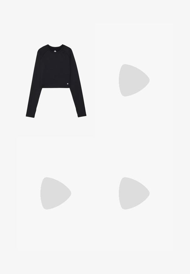 Black cropped long-sleeve top made of stretchy fabric. Features a round neckline and a small logo accent at the hem.; Red athletic shorts made of lightweight fabric, featuring an elastic waistband, black side accents, and a small logo on the lower left.; White athletic shoe with a textured, breathable mesh upper, featuring three white stripes and a distinctive lattice-style midsole.; Black oversized sunglasses with a sturdy plastic frame, wraparound design, and dark lenses featuring a nose bridge and minimal side accents.