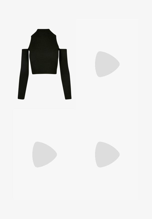 Sort ribbet crop top med lange ærmer og off-shoulder design. Har en høj hals og tætsiddende silhuet, lavet af et blødt strikmateriale.; Beige leggings med sorte geometriske mønstre. Høj talje-design med en glat tekstur og strækbart stof. Tætsiddende silhuet.; Sort remsandale med firkantet tå og en lav blokeret hæl. Har flere tynde stropper og en justerbar ankelrem. Fremstillet af glat læder.; Sølvring med dobbeltbånd og en glat, poleret overflade. Den har et flydende, buet design med overlappende sektioner for et moderne udtryk.