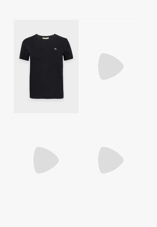 Black cotton t-shirt with a classic crew neck, short sleeves, and a small white embroidered "ck" logo on the chest.; Blue denim flared jeans with a high waist, featuring a lighter fade at the bottom and stitched hem detail. Classic five-pocket design.; Black leather ankle boots with a sleek design, elastic side panels, and a chunky black sole. Features a pull tab at the back for easy wear.; White leather handbag with a curved shape, featuring an embossed "CK" logo on the front and a single shoulder strap. Zipper closure at top.