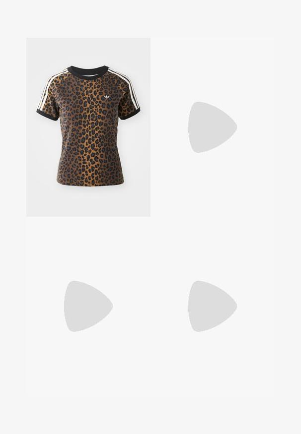 Leopard print T-shirt with short sleeves, black ribbed crew neck, and white side stripes. Made from soft fabric with a relaxed fit.; Dark blue denim jeans with a high waist and wide leg. Features yellow stitching and a front button closure. Plain texture, no patterns.; Brown leather ankle boot with black padding, gold eyelets, and a textured sole. Features a circular logo on the side and stitching accents.; Brown oversized rectangular glasses with clear lenses and a slight pink tint on the right lens. Plastic frame with smooth texture.