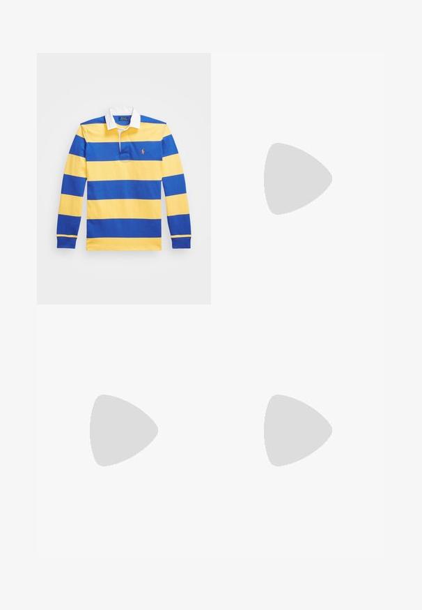 Polo à manches longues avec des rayures horizontales bleues et jaunes. Col blanc avec patte de boutonnage et petit logo brodé sur la poitrine.; Shorts bleu marine en tissu doux, dotés d'une taille élastique avec cordon de serrage, de poches latérales et d'un design simple et épuré. Texture lisse.; Tongs blanches avec une semelle texturée et deux fines sangles. Les sangles sont lisses avec un logo subtil. Pas de motifs ni d'accents supplémentaires.; Sac de voyage en cuir noir avec deux poignées, quincaillerie en argent et une bandoulière ajustable. Texture lisse avec une fermeture éclair.