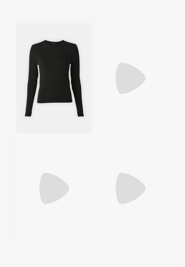 Cămașă neagră cu mânecă lungă, realizată dintr-un material neted, având un guler rotund și o croială ajustată, fără modele sau accente vizibile.; Pantaloni largi din țesătură gri ardezie, având un brâu elastic cu șnur și buzunare laterale pentru utilitate.; Pantof cu toc înalt din suede negru, cu vârf ascuțit, detaliu legat în față, bretea la gleznă și toc subțire stiletto.; Geantă tote neagră din piele, cu textură netedă, formă rectangulară și două mânere lungi. Fără hardware vizibil sau ornamente.