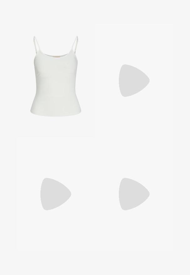 Fehér ujjatlan felső állítható pántokkal, testhez simuló kivitel, sima szövettextúra és kerek nyakkivágás. Nincsenek minták vagy fémrészek.; Világoskék rövidnadrág fehér függőleges csíkokkal, sima textúrával, lapos elülső résszel, és szabványos derékpánttal, övhurkokkal.; Fekete bőr balettcipő lekerekített orral, sima tekstúrával, minimális varrással és rugalmas talp kialakítással.; Tarka mamuszok, ovális lencsékkel, barna árnyalatban, arany díszítéssel a szárakon. Vastag keret, fényes felülettel és sima textúrával.